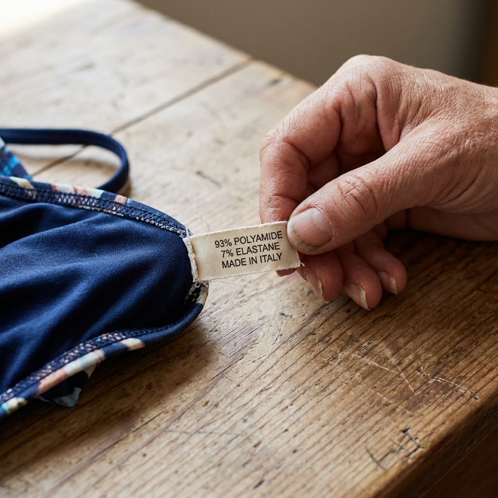 A hand pulling out a swimsuit care label that reads 93% Polyamide 7% Elastane Made in Italy