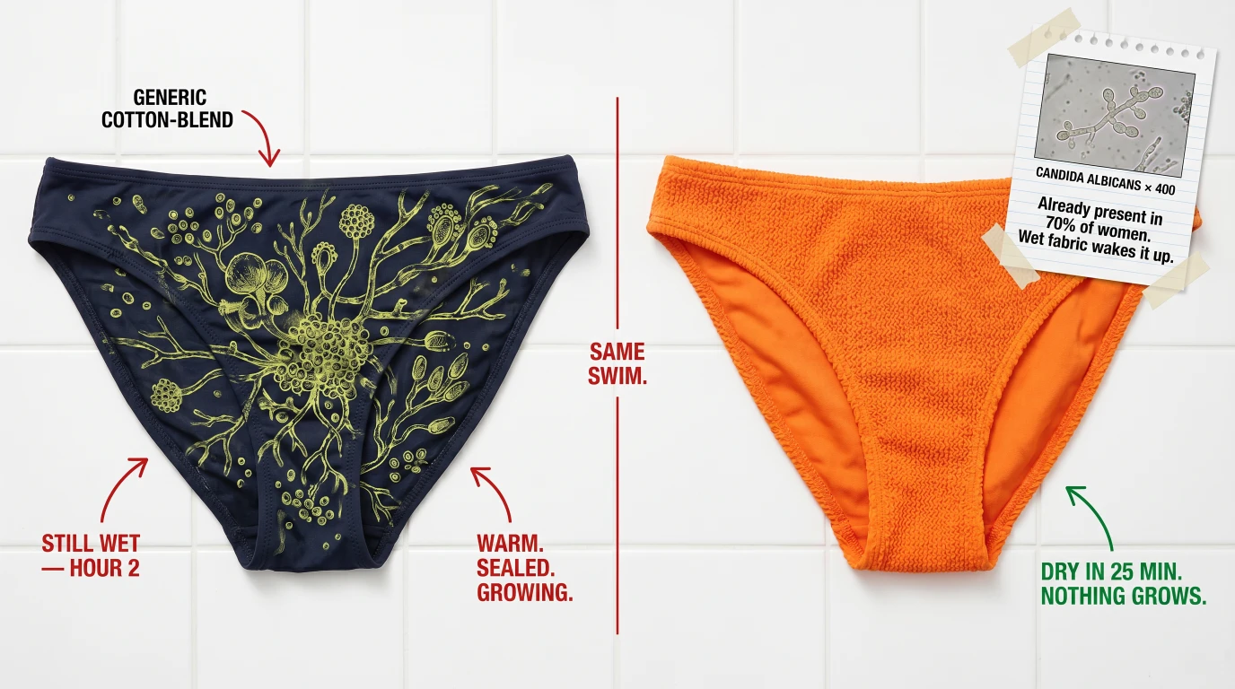 Side-by-side comparison of cotton-blend swimsuit STILL WET HOUR 2 next to Italian polyamide swimsuit DRY IN 25 MIN