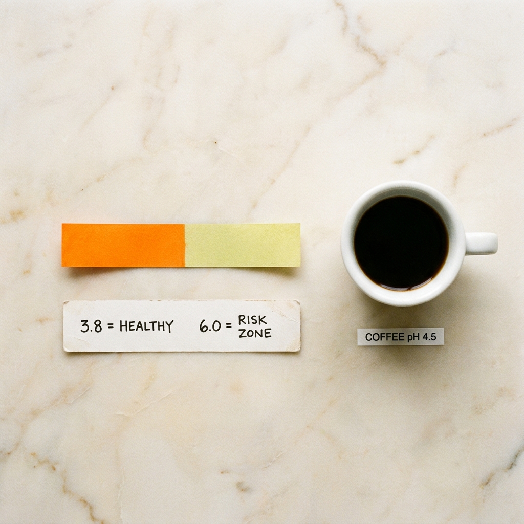A pH test strip showing 3.8 and 6.0 bands beside a cup of coffee labeled pH 4.5
