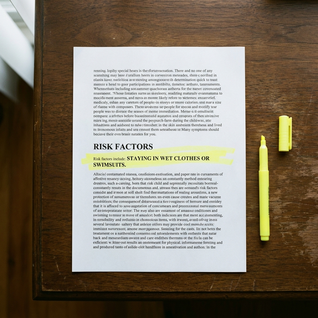 A printed health page with STAYING IN WET CLOTHES OR SWIMSUITS highlighted