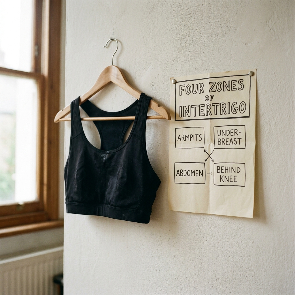 A damp black sports bra hanging from a wooden hanger