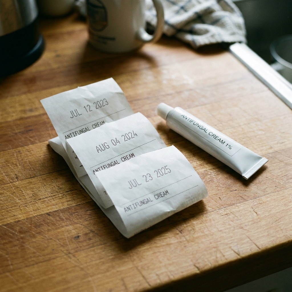 Three pharmacy receipts each showing ANTIFUNGAL CREAM
