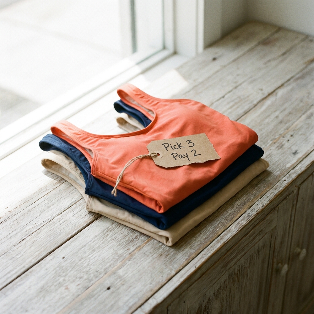 Three folded swimsuits stacked on a wooden counter